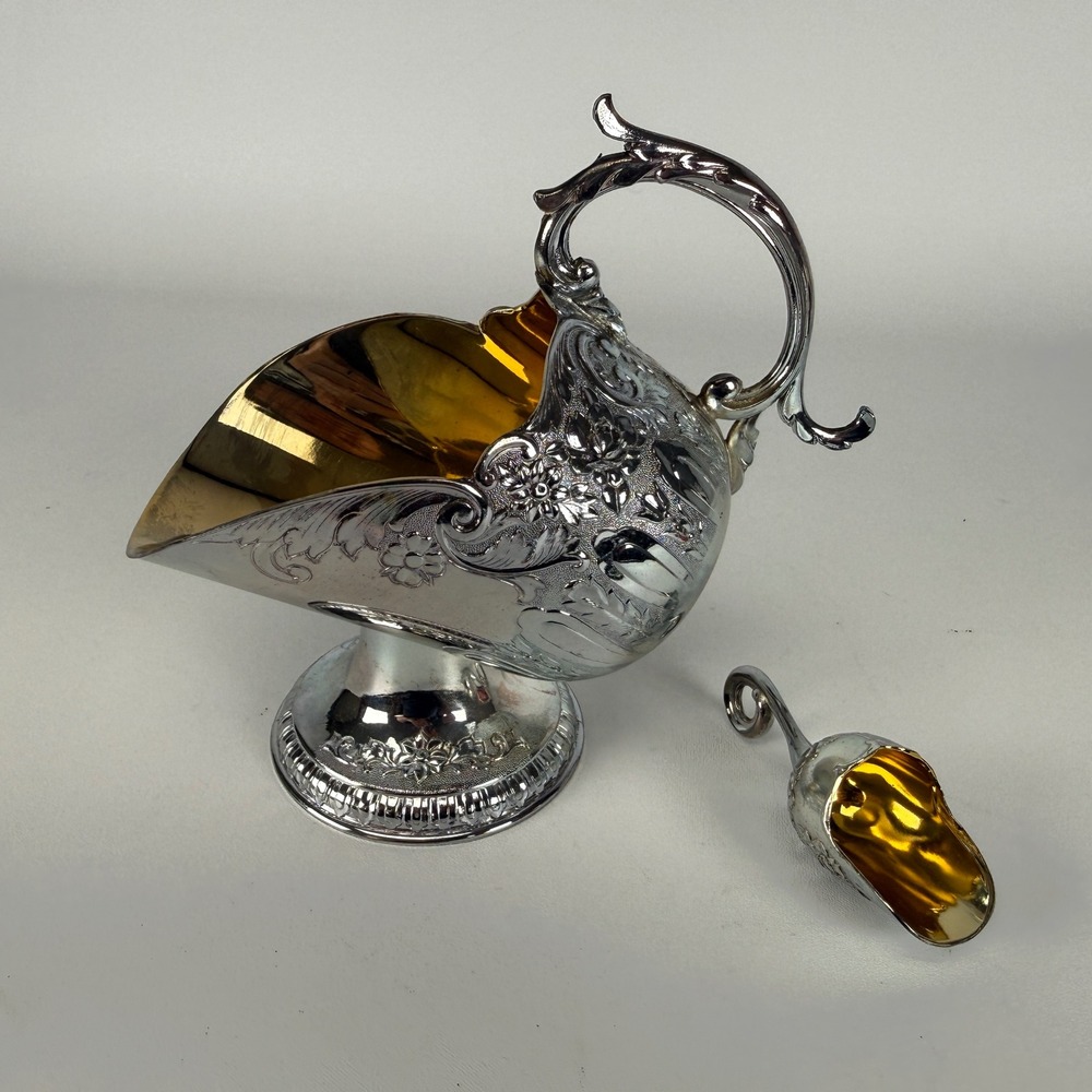 Vintage Silver Plated Sugar Scuttle Floral Repousse Gold Wash with Scoop